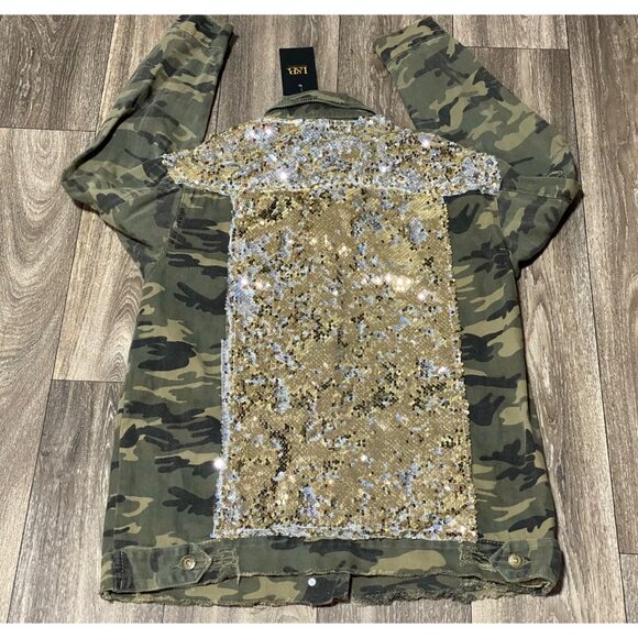 NEW L&B Lucky & Blessed Jacket Denim Sequin camouflage Womens S - Picture 4 of 9